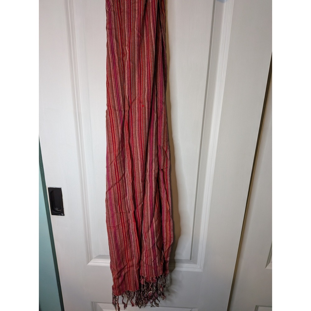 Bohemian Red Striped Woven Fringe Scarf Lightweight Multi Color Wrap